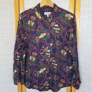 Vintage Equestrian Print Blouse Top Size 12 Long Sleeves Double Buttons